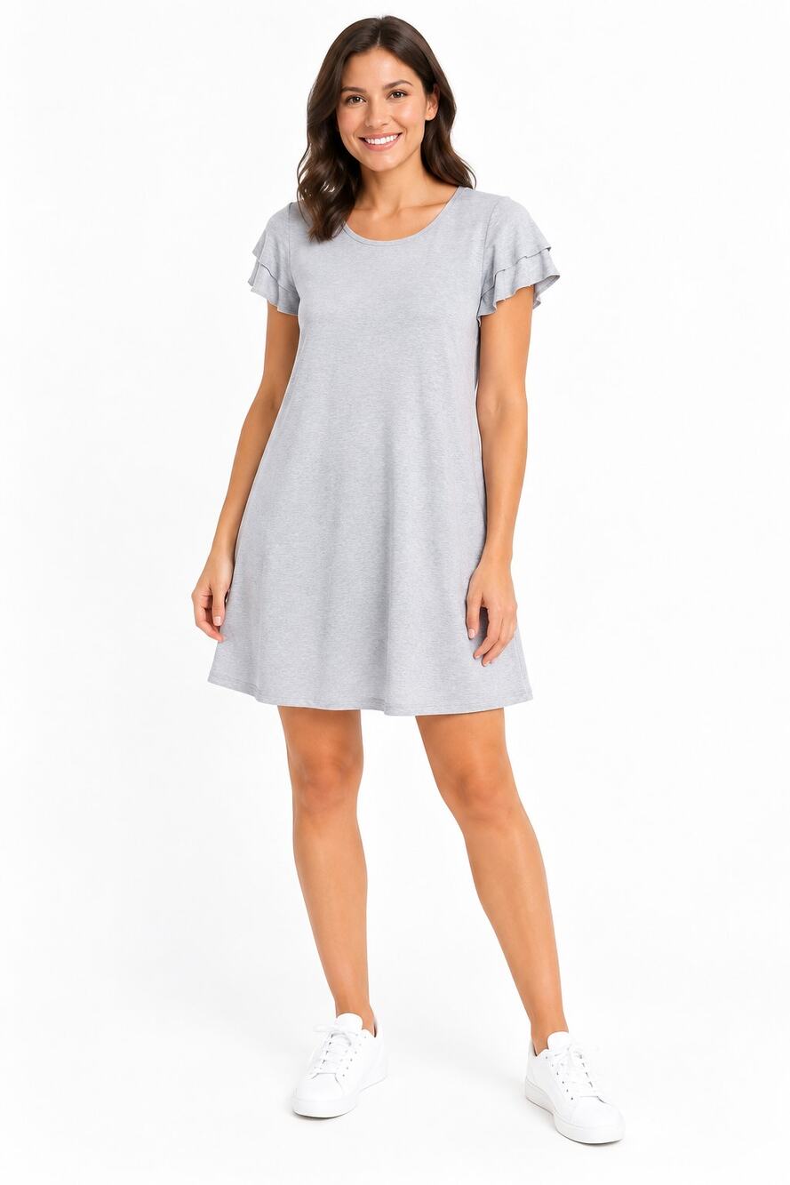 Love Riche Women’s Ruffle Sleeve Casual Cotton Dress - Size Small, Light Gray
